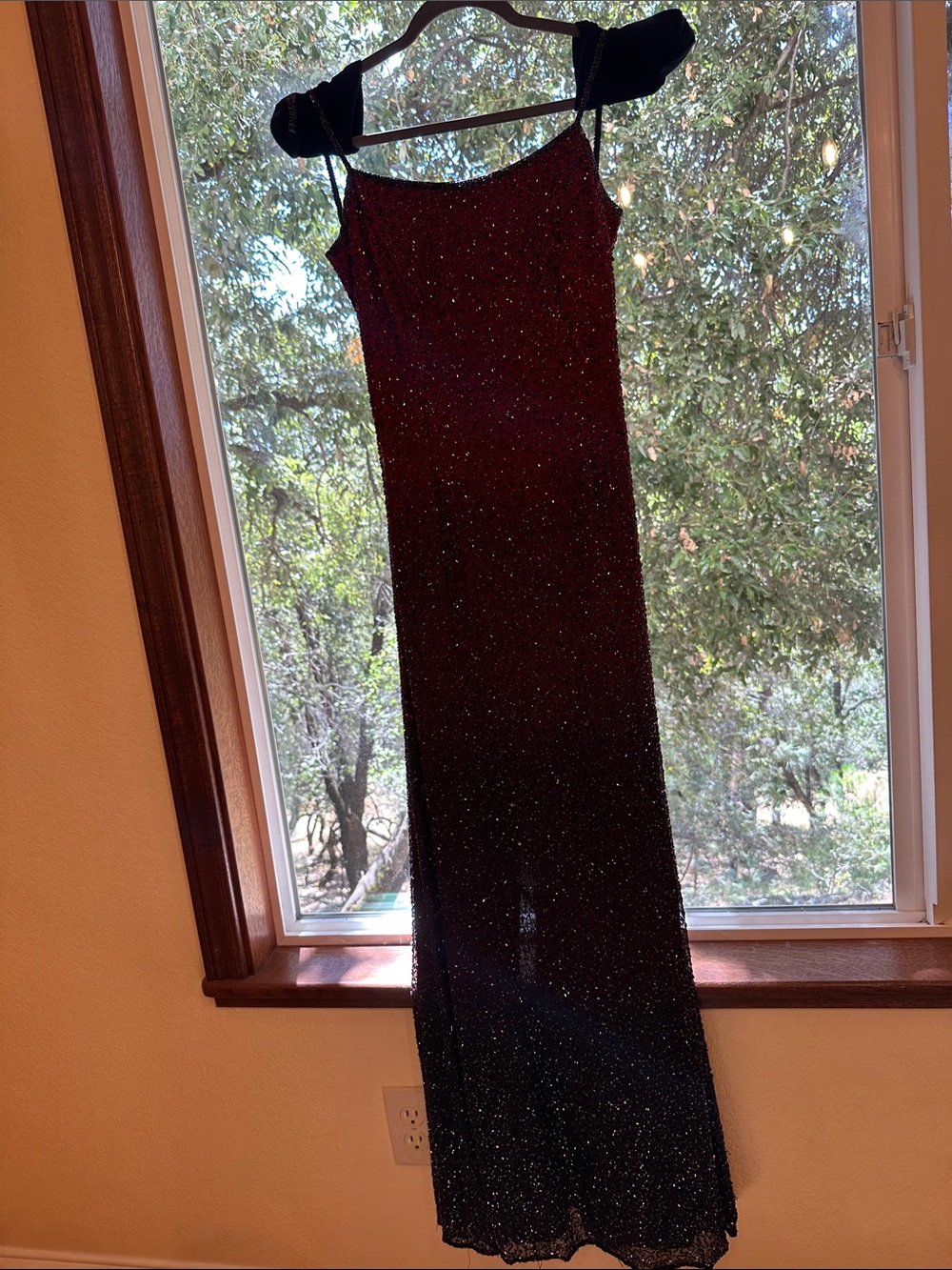 90s Red Ombré to Black Sparkle Maxi Slip Dress with Subtle Glitter